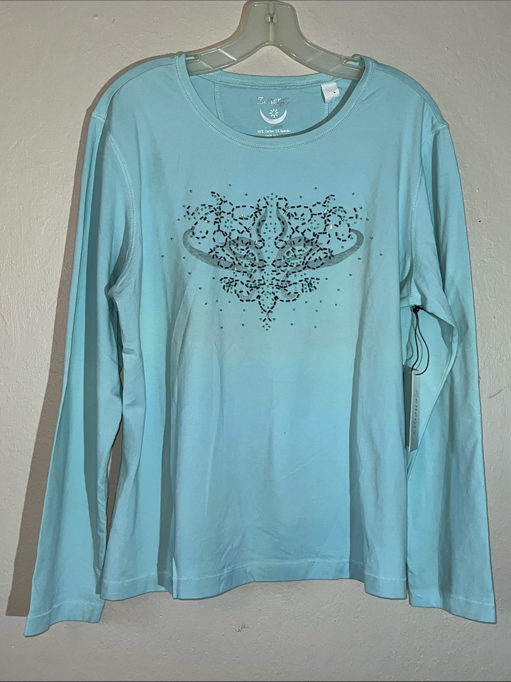 Zenergy by Chico Women’s Light Blue Long Sleeve sparkly beaded Graphic Tee